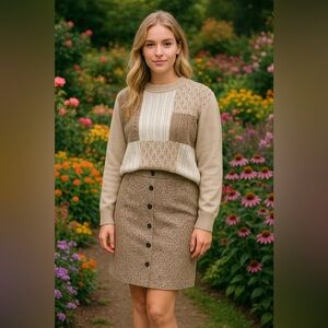 Neutral Colorblock Patchwork Knit Cottagecore Grandmacore Sweater – Size M